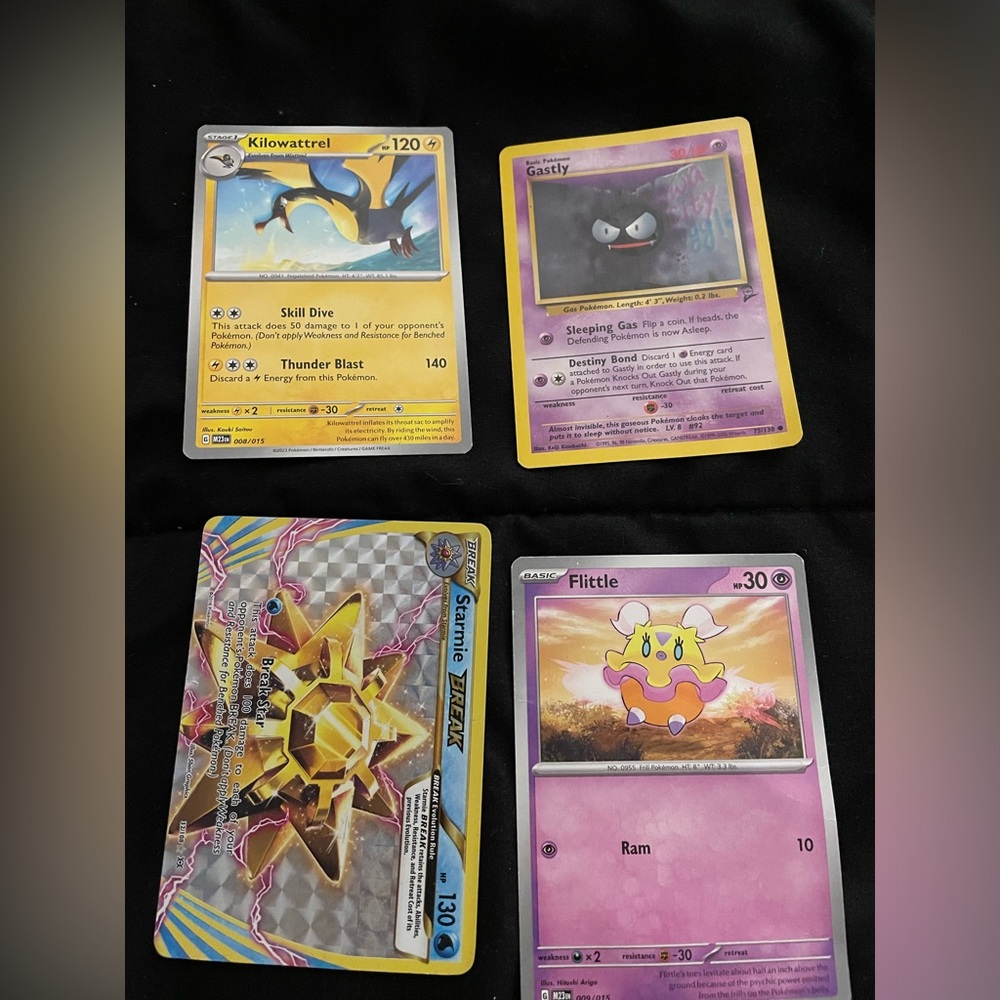 4 Pokémon Cards. Gastly, Kilowattrel,Starmie & Fittle.